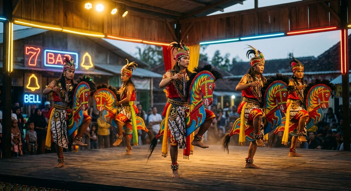 Pentas jaran kepang dengan penari menunggang kuda anyaman diiringi musik rakyat di bawah lampu panggung emas
