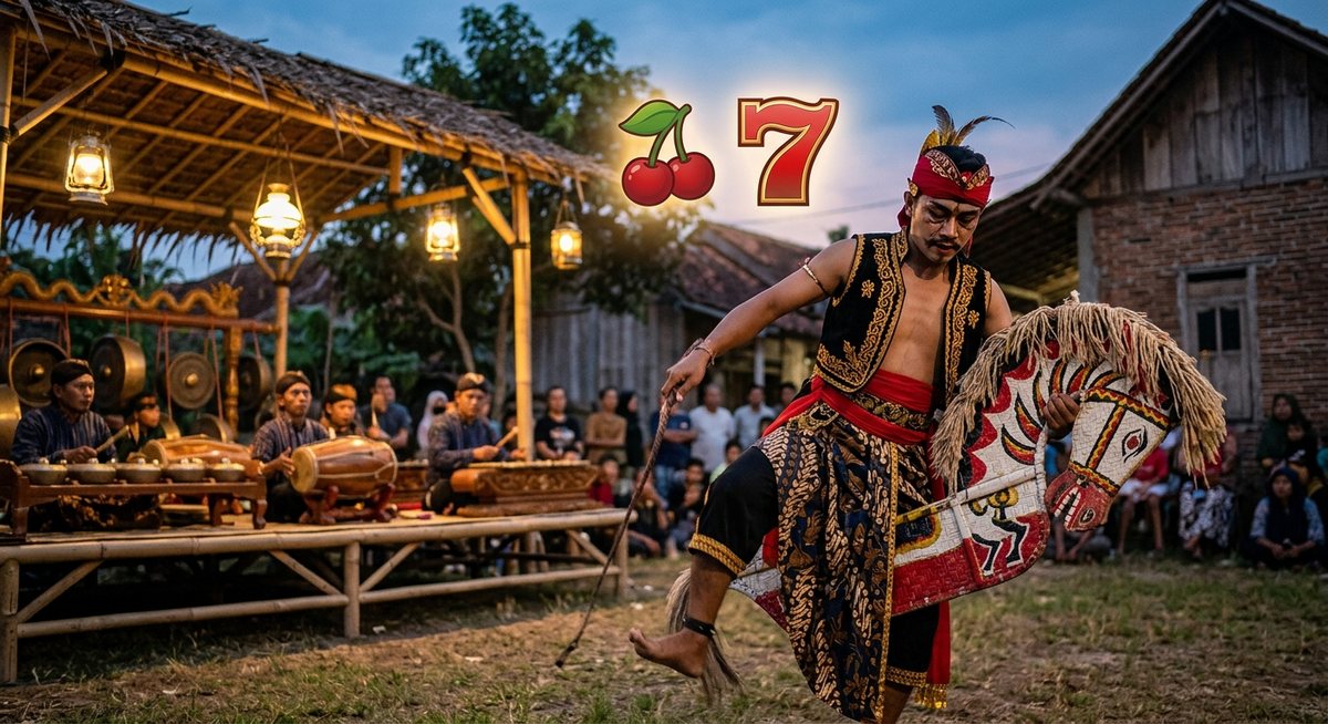 Penari kuda lumping menarikan kuda anyaman bambu di lapangan kampung saat senja dengan lampu emas dan gulungan simbol